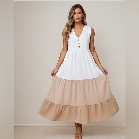 Color block Button Front Ruffle Hem Dress - Picture 2 of 6